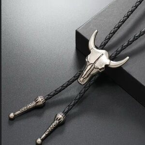 New Silver Bull Skull Bolo Tie